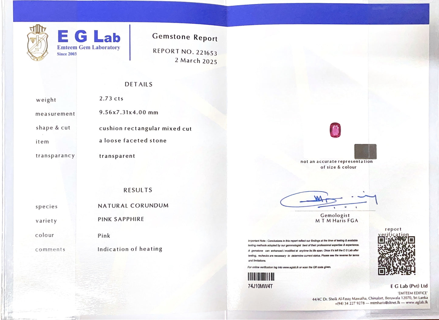 Pink Sapphire Heated 2.73