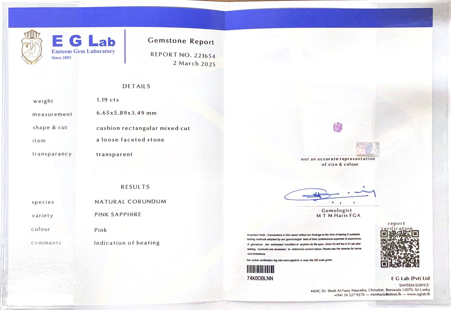 Pink Sapphire Heated 1.19
