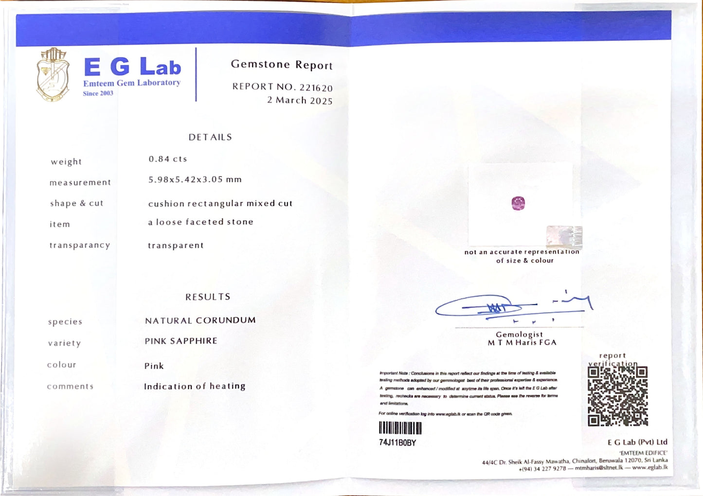Pink Sapphire Heated 0.84