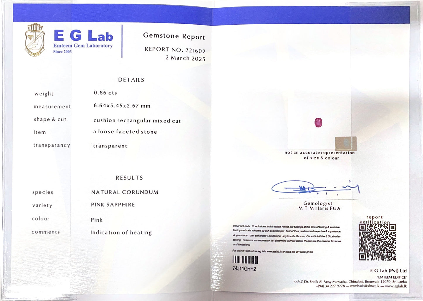 Pink Sapphire Heated 0.86