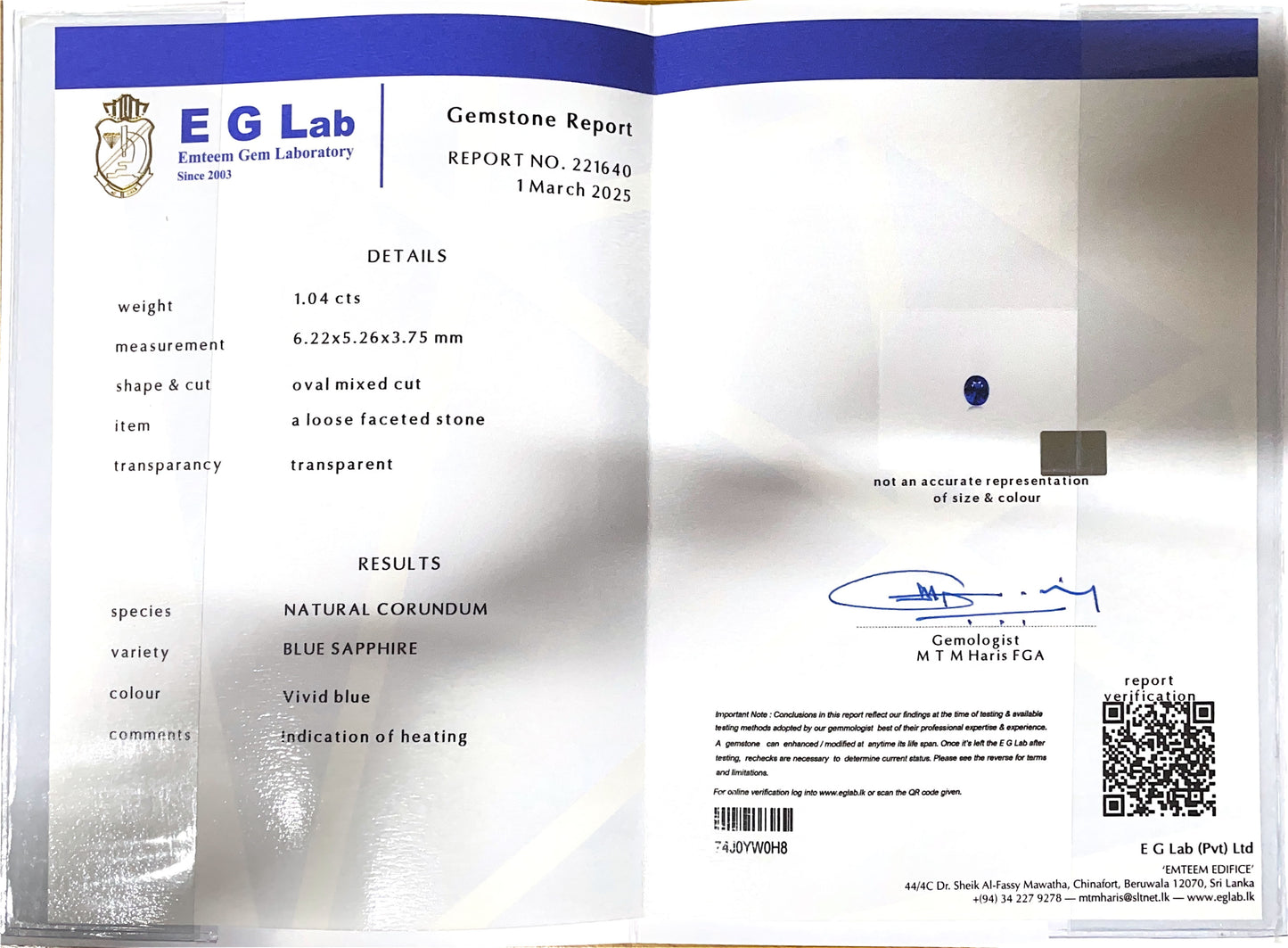Blue Sapphire Heated 1.04