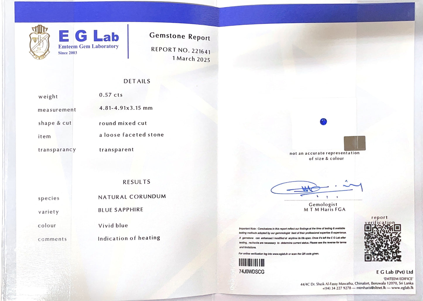 Blue Sapphire Heated 0.57