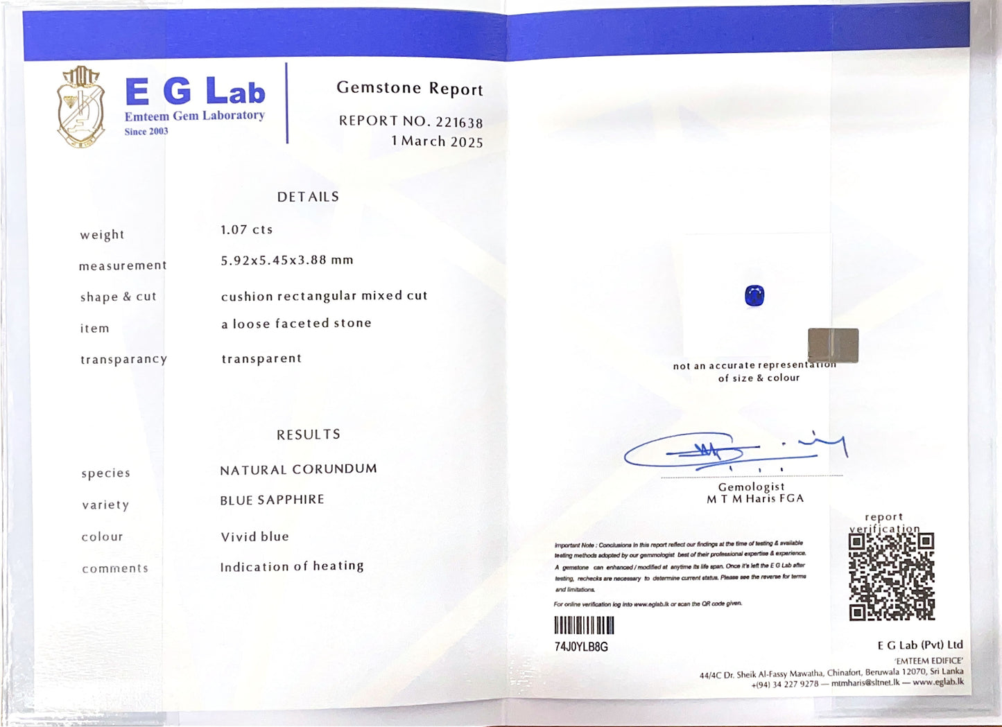 Blue Sapphire Heated 1.07