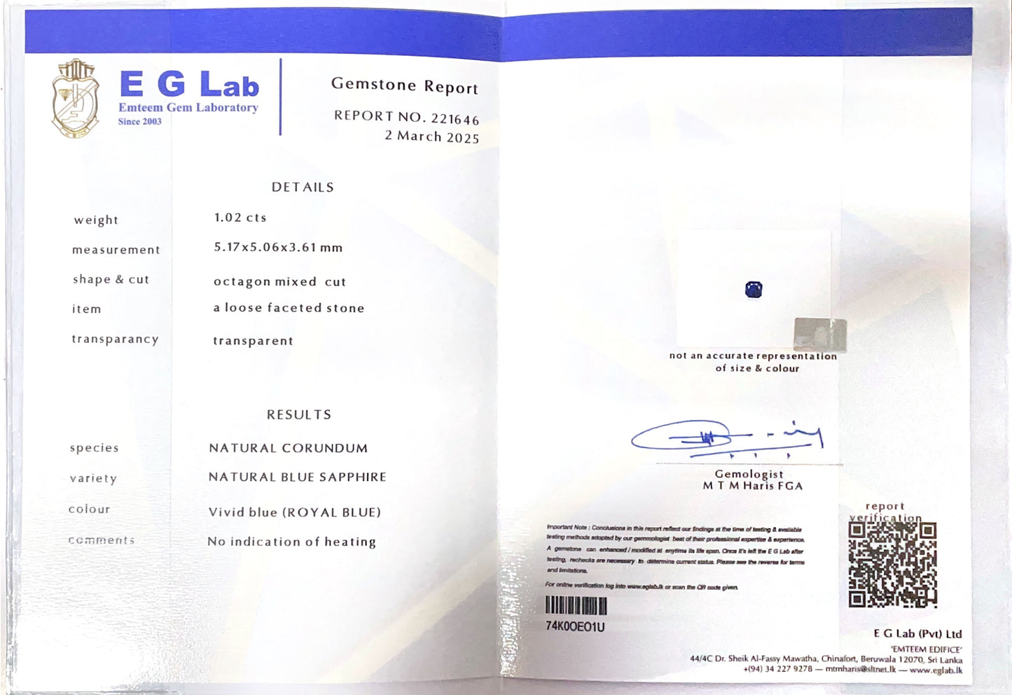 Blue sapphire Un-Heat 1.02