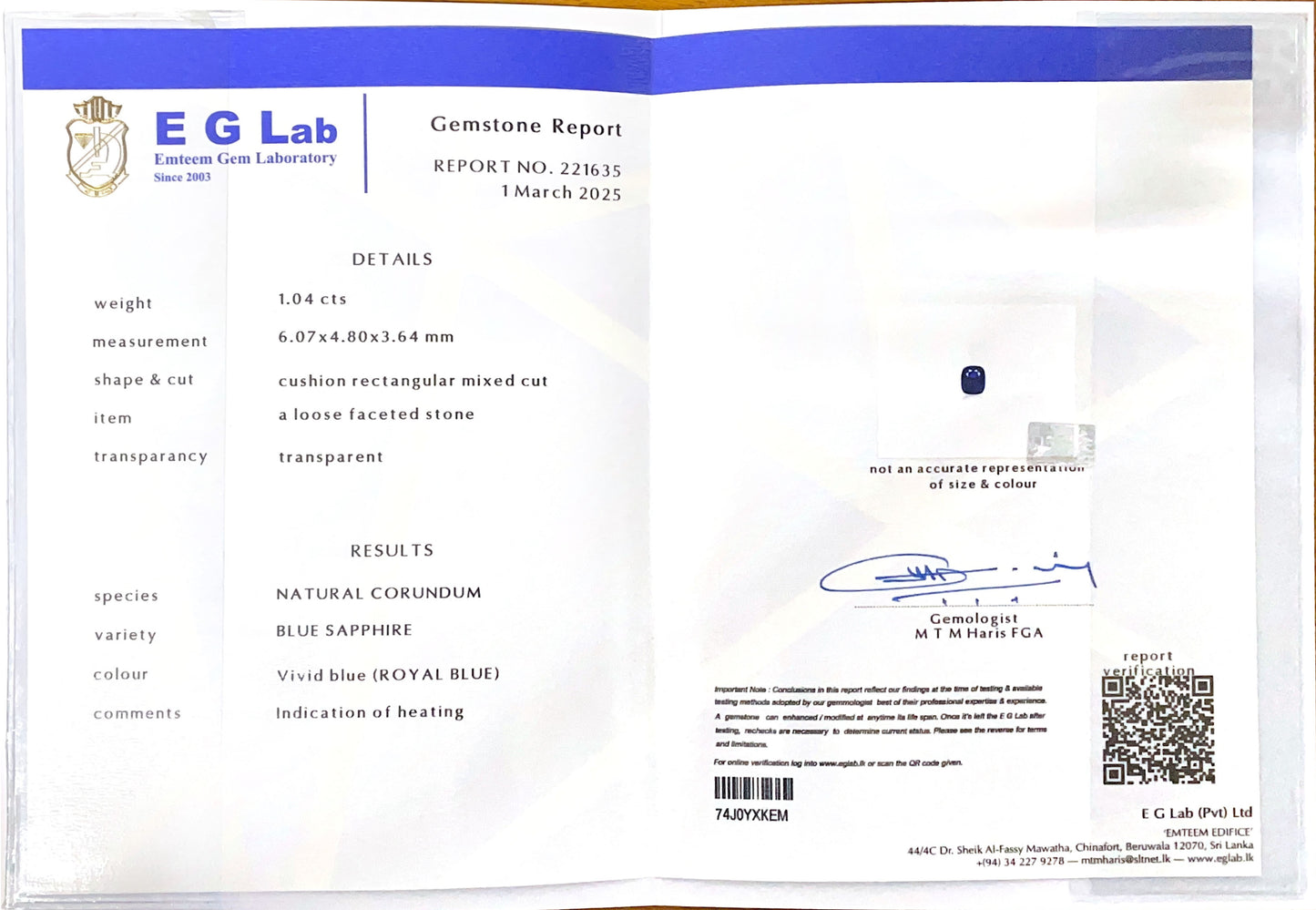 Blue Sapphire Heated 1.04