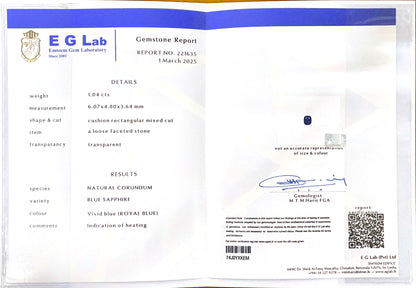 Blue Sapphire Heated 1.04