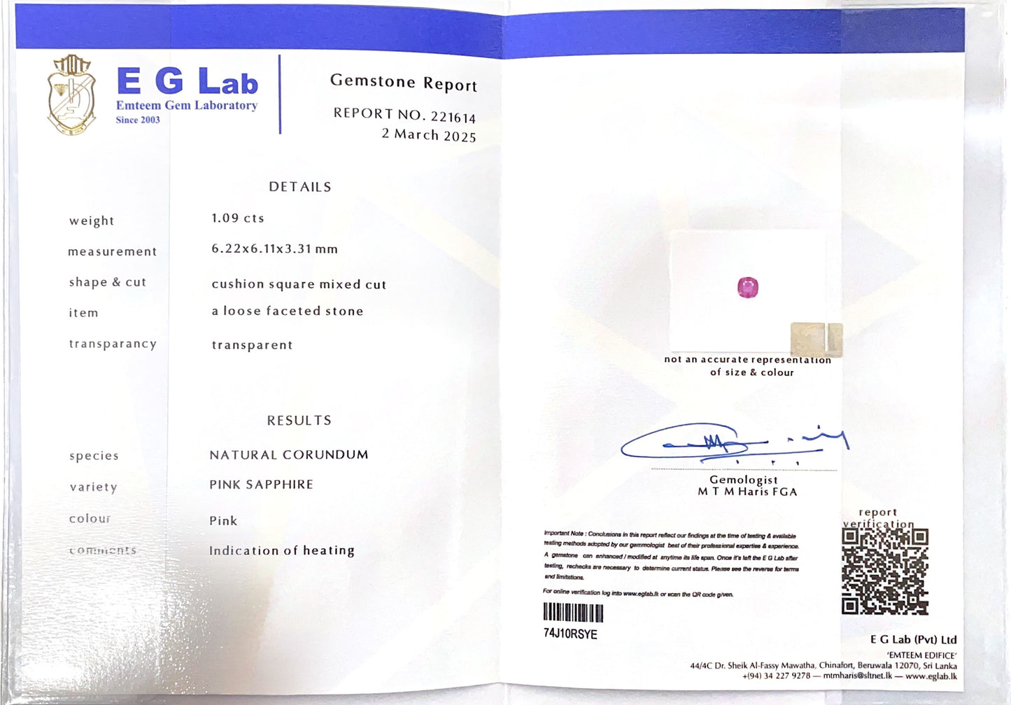 Pink Sapphire Heated 1.09ct